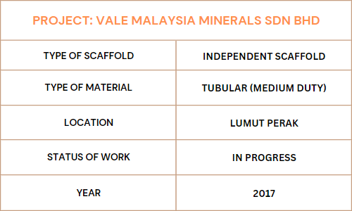 Table depicting scaffold types, materials, location, work status, and project year for Vale Malaysia Mineral Sdn Bhd.