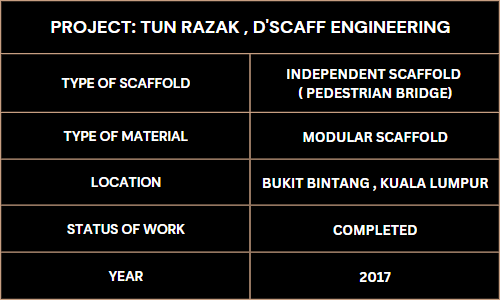 Table depicting scaffold types, materials, location, work status, and project year for Tun Razak D'scaff Engineering